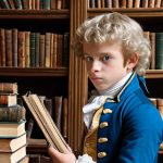 **Young Robespierre:** A bright, studious boy in late 18th-century France, possibly at the Lycée Louis-le-Grand, surrounded by books. Focus on intelligence and determination in his eyes.