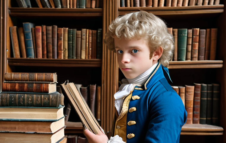 **Young Robespierre:** A bright, studious boy in late 18th-century France, possibly at the Lycée Louis-le-Grand, surrounded by books. Focus on intelligence and determination in his eyes.