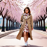 **Spring in Paris:** A woman in a floral dress and trench coat walks along the Champs-Élysées, with cherry blossoms in full bloom. She wears a scarf and comfortable sneakers.