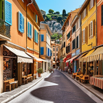 Colorful buildings in Nice Old Town, narrow streets, artisan shops, Mediterranean atmosphere.