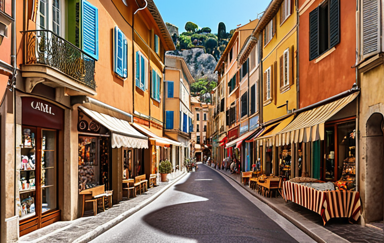 Colorful buildings in Nice Old Town, narrow streets, artisan shops, Mediterranean atmosphere.
