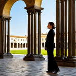 A sophisticated professional woman, fully clothed in a modest, elegant business suit, stands contemplatively in a grand, sunlit historic square in a major European city. In the background, ancient Roman columns and a classical archway seamlessly blend with the refined architecture of a Renaissance-era chateau, showcasing centuries of heritage. The scene is bathed in soft, golden hour light, highlighting intricate architectural details and creating a serene, timeless atmosphere. Professional photography, high-resolution, sharp focus, vibrant colors, artistic composition, perfect anatomy, correct proportions, natural pose, well-formed hands, proper finger count, natural body proportions. Safe for work, appropriate content, fully clothed, professional, family-friendly.