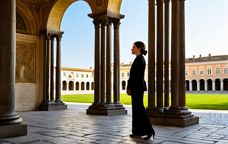 A sophisticated professional woman, fully clothed in a modest, elegant business suit, stands contemplatively in a grand, sunlit historic square in a major European city. In the background, ancient Roman columns and a classical archway seamlessly blend with the refined architecture of a Renaissance-era chateau, showcasing centuries of heritage. The scene is bathed in soft, golden hour light, highlighting intricate architectural details and creating a serene, timeless atmosphere. Professional photography, high-resolution, sharp focus, vibrant colors, artistic composition, perfect anatomy, correct proportions, natural pose, well-formed hands, proper finger count, natural body proportions. Safe for work, appropriate content, fully clothed, professional, family-friendly.