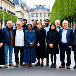 A diverse group of French adults, fully clothed in modest, contemporary street attire, stand united on a historic Parisian boulevard. Their expressions convey a sense of quiet determination and solidarity, embodying the nation's deep-rooted spirit of collective action. The background features elegant Haussmann architecture under a clear sky, highlighting the timeless nature of their cultural heritage. The image captures the essence of community and shared purpose. safe for work, appropriate content, fully clothed, family-friendly, perfect anatomy, correct proportions, natural pose, well-formed hands, proper finger count, natural body proportions, professional photography, high quality.