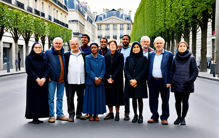 A diverse group of French adults, fully clothed in modest, contemporary street attire, stand united on a historic Parisian boulevard. Their expressions convey a sense of quiet determination and solidarity, embodying the nation's deep-rooted spirit of collective action. The background features elegant Haussmann architecture under a clear sky, highlighting the timeless nature of their cultural heritage. The image captures the essence of community and shared purpose. safe for work, appropriate content, fully clothed, family-friendly, perfect anatomy, correct proportions, natural pose, well-formed hands, proper finger count, natural body proportions, professional photography, high quality.